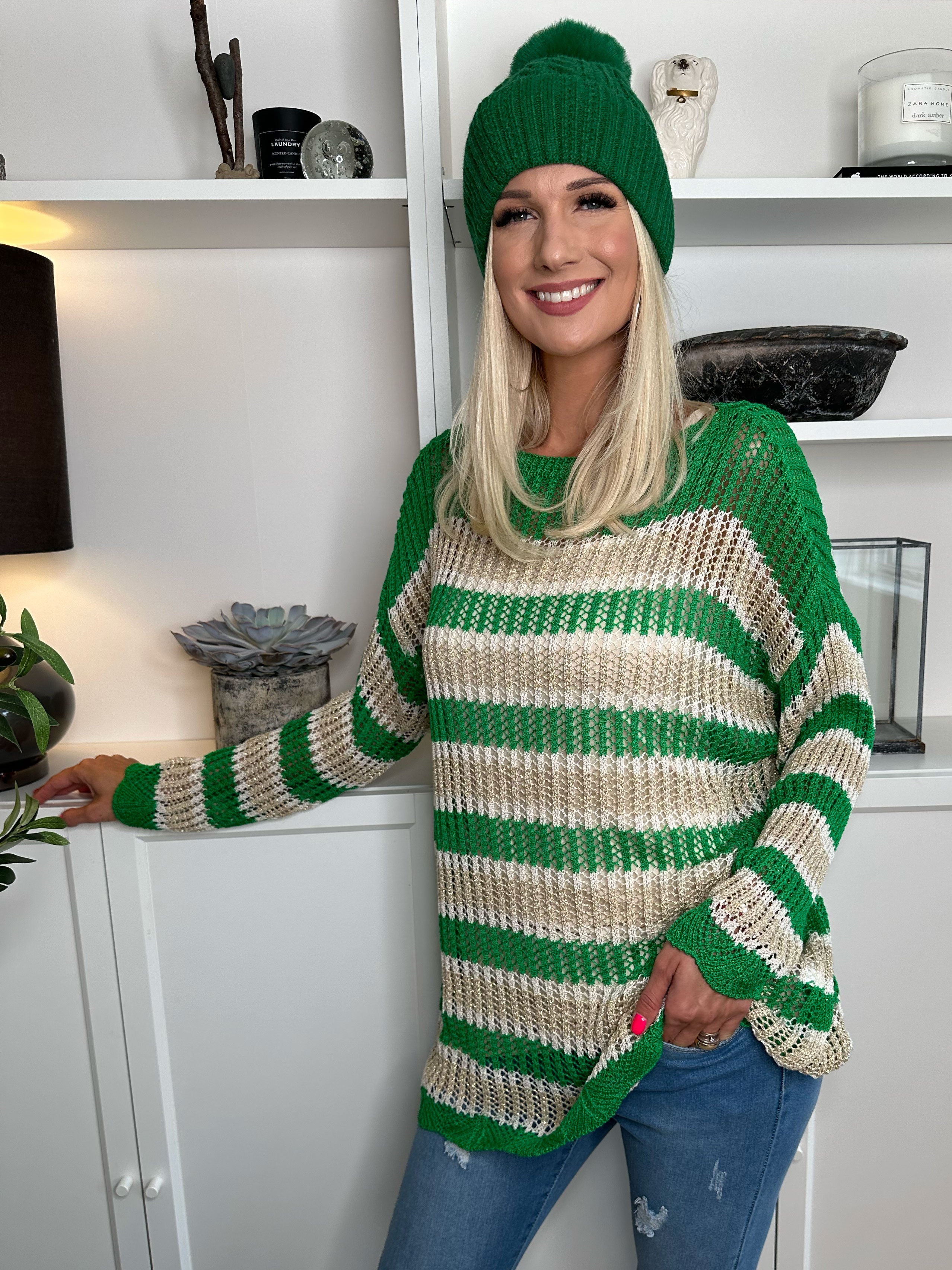 Ania - Stribet strikbluse med huller